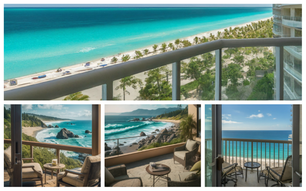A beautiful beach or mountain view from a condo balcony - Google Gemini Imagen 2