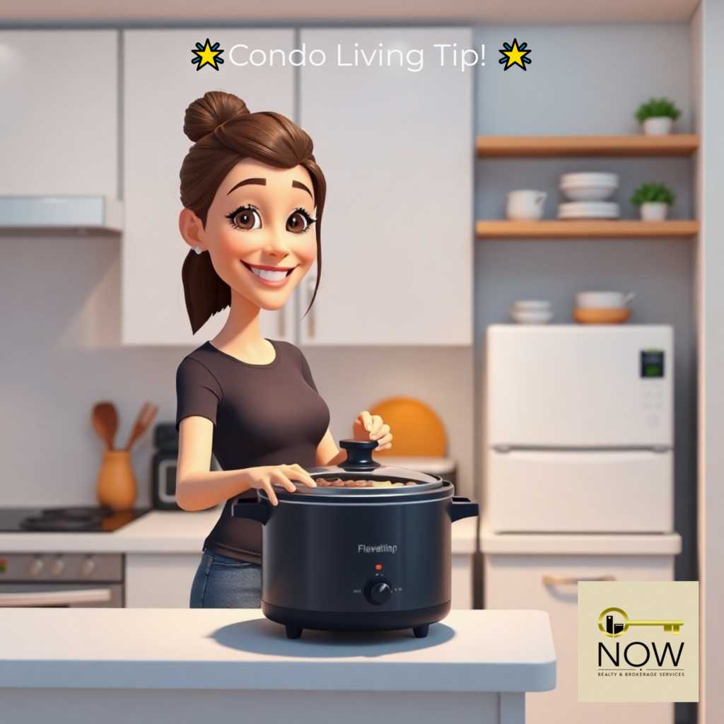 a girl using a slow cooker in her condo unti