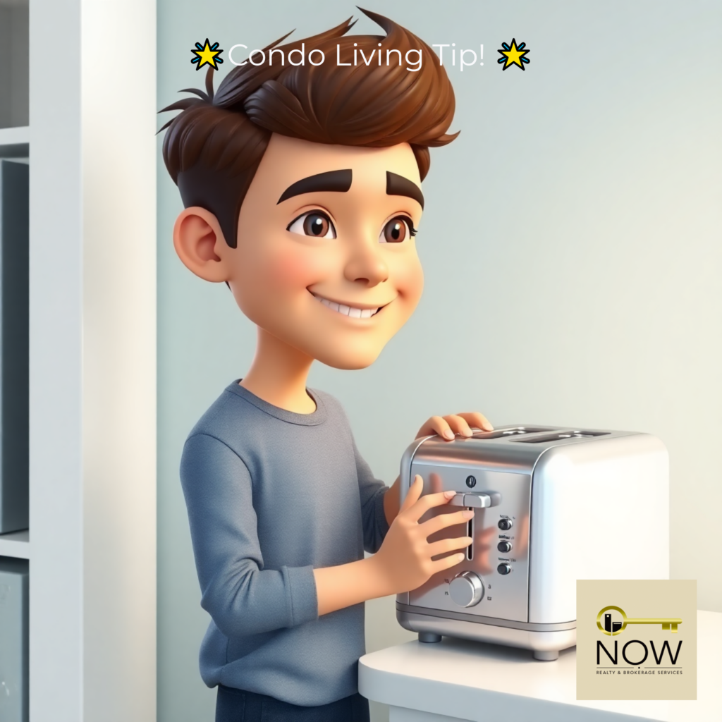 man holding a multi functional toaster in his condo apartment and enjoying condo living