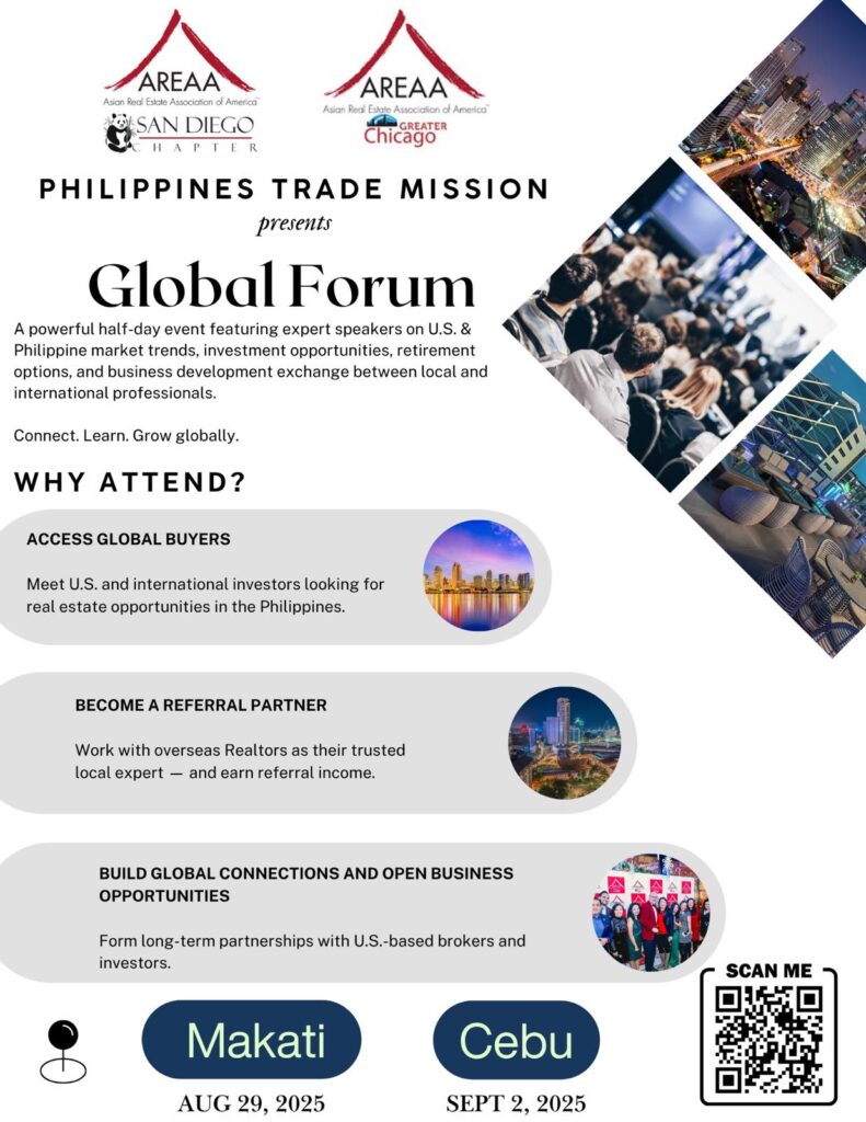 The official event poster for the AREAA Philippines Trade Mission Global Forum, with details for the events in Makati and Cebu.