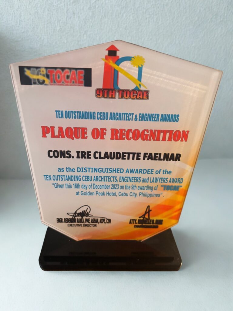 Plaque of Recognition awarded to Cons. Ire Claudette Faelnar as Distinguished Awardee of the 9th TOCAE Awards, December 16, 2023.