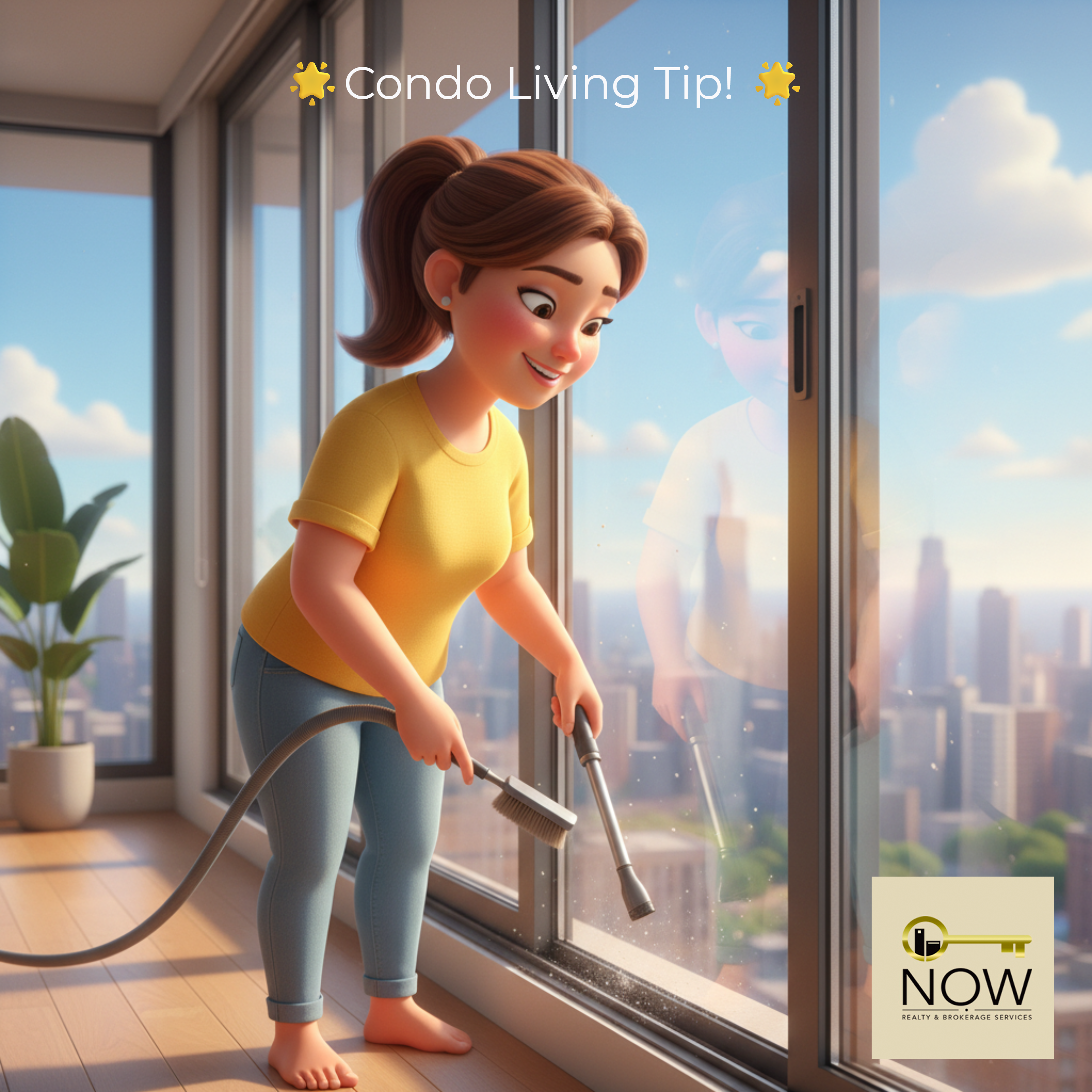 A 3D Pixar-style illustration of a smiling woman with a brown ponytail, wearing a yellow t-shirt and blue jeans, cleaning the window tracks of large, floor-to-ceiling condo windows. She holds a vacuum hose with an attachment, surrounded by bright daylight.